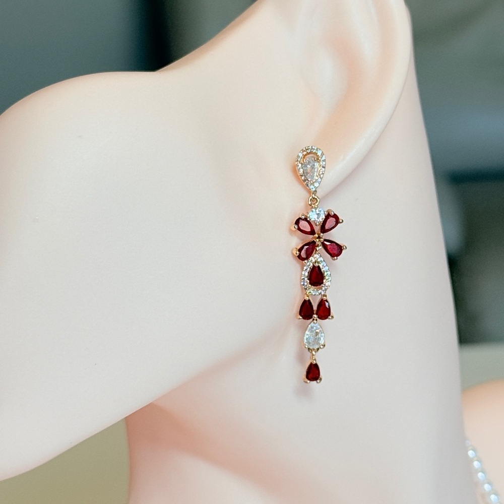 Elegant Red Teardrop Dangle Earrings With Zirconia